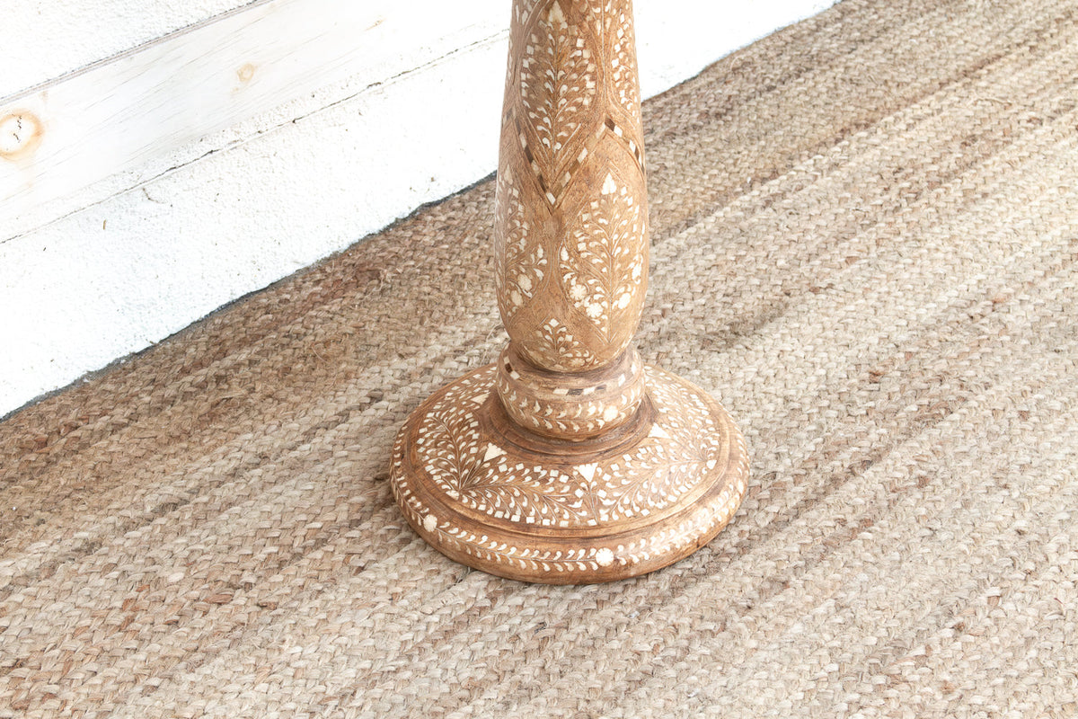 Intricate Floral Design Inlay Pedestal End Table