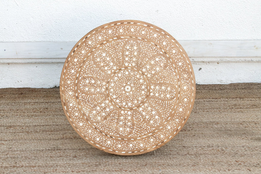Intricate Floral Design Inlay Pedestal End Table