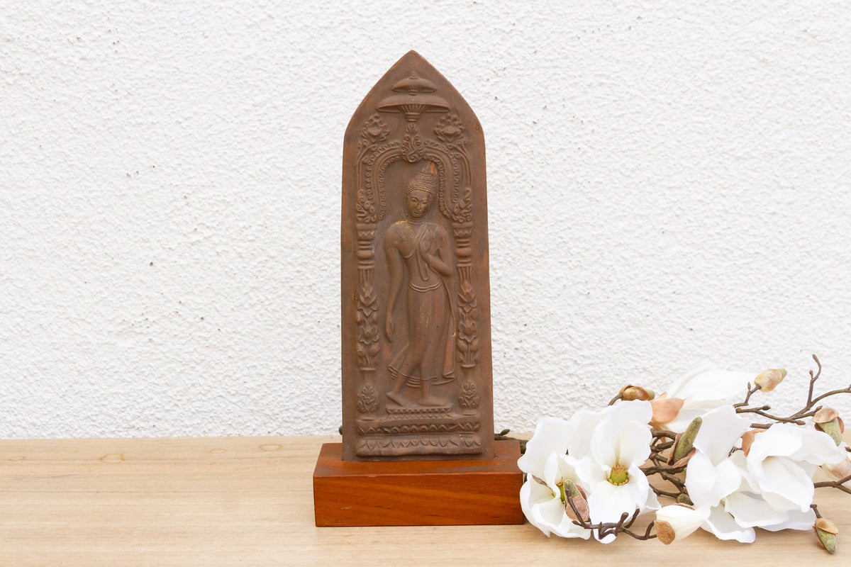 Graceful Terracotta Buddha Votive Plaque on Custom Stand