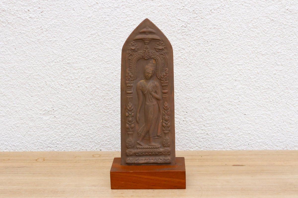 Graceful Terracotta Buddha Votive Plaque on Custom Stand