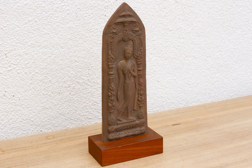 Graceful Terracotta Buddha Votive Plaque on Custom Stand