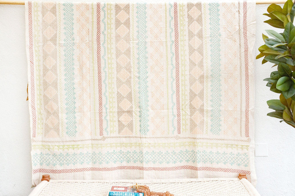 Pastel Geometric Hand-stitched Cotton Kantha Bedcover