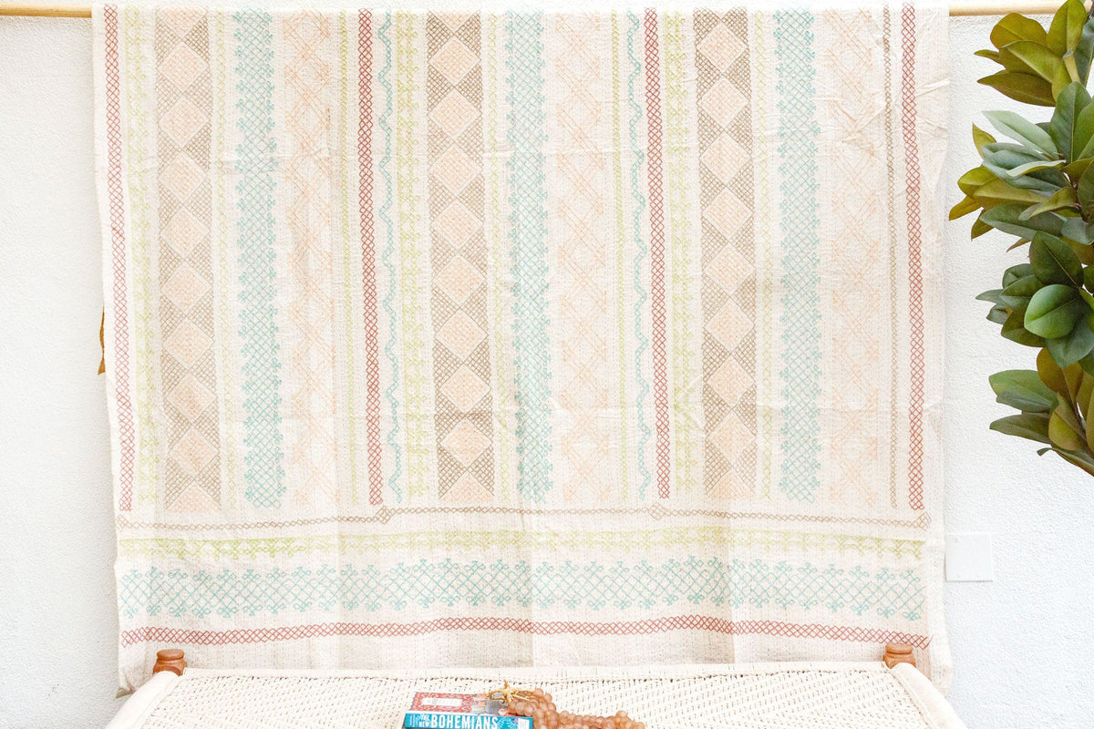 Pastel Geometric Hand-stitched Cotton Kantha Bedcover