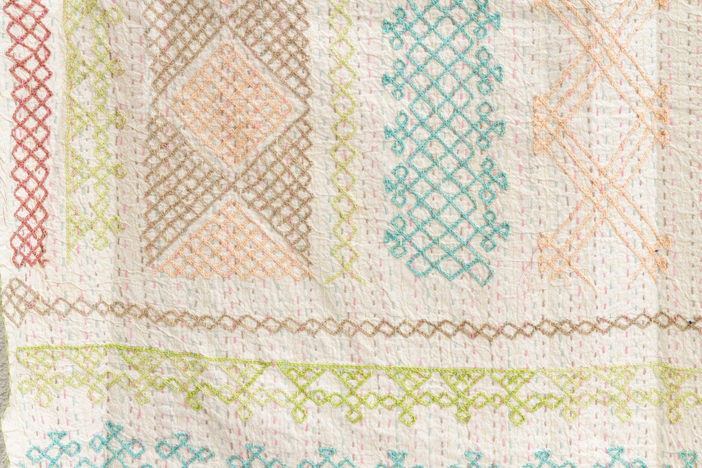 Pastel Geometric Hand-stitched Cotton Kantha Bedcover