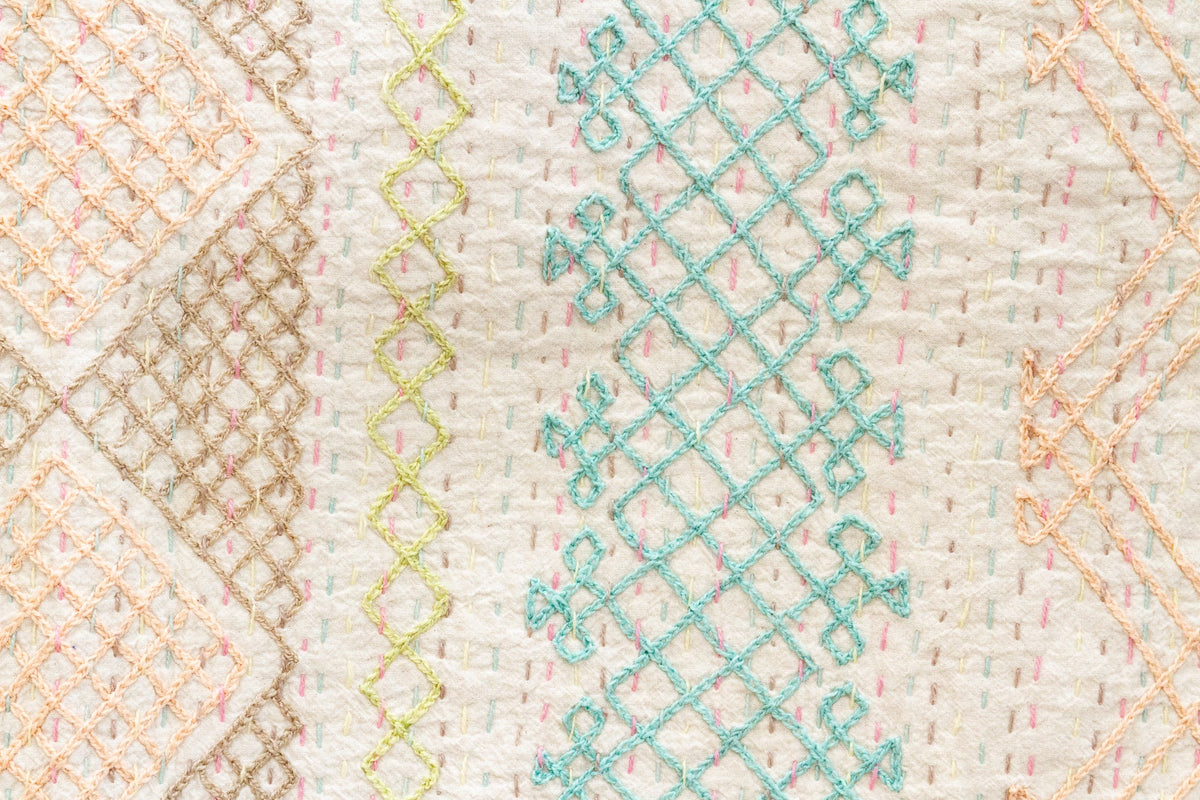 Pastel Geometric Hand-stitched Cotton Kantha Bedcover