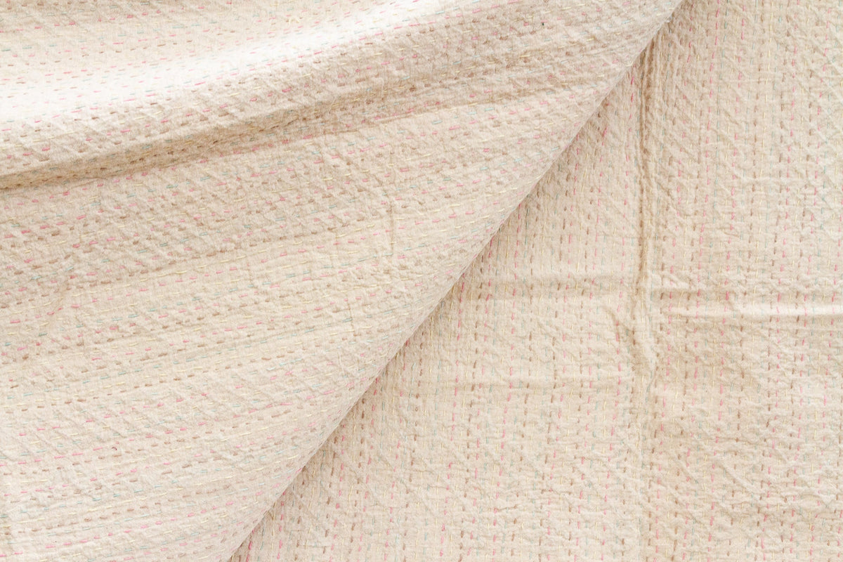 Pastel Geometric Hand-stitched Cotton Kantha Bedcover