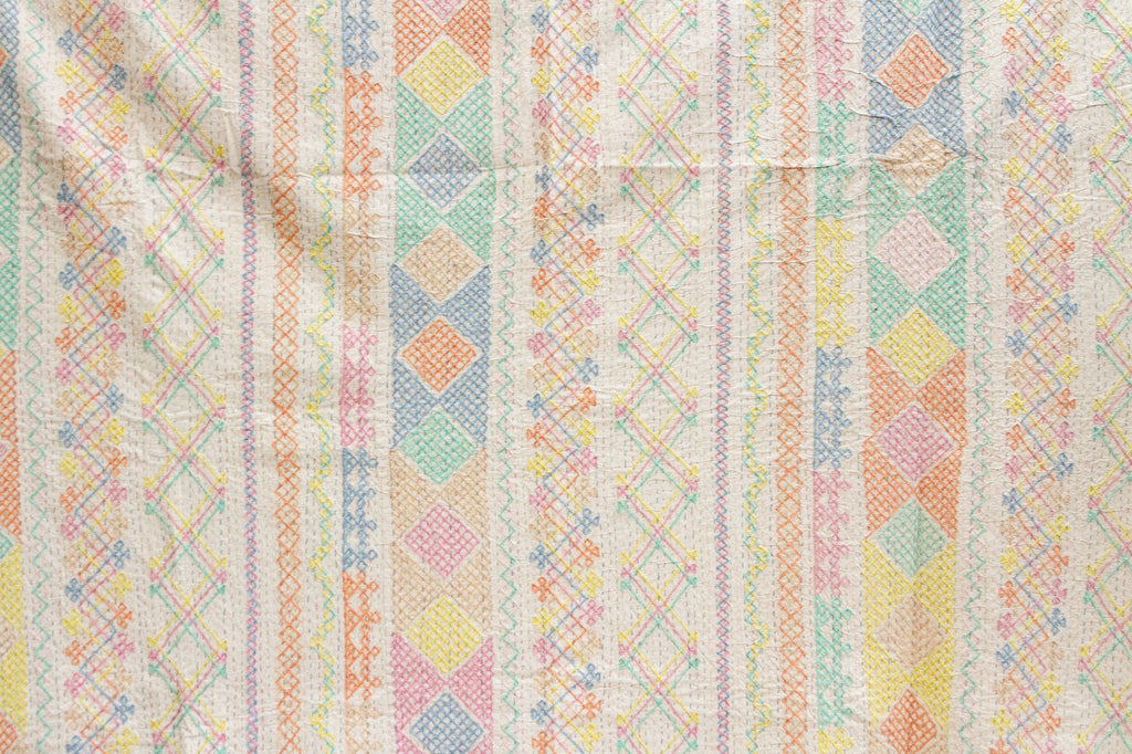 Multicolor Diamond Hand-stitched Cotton Kantha Bedcover