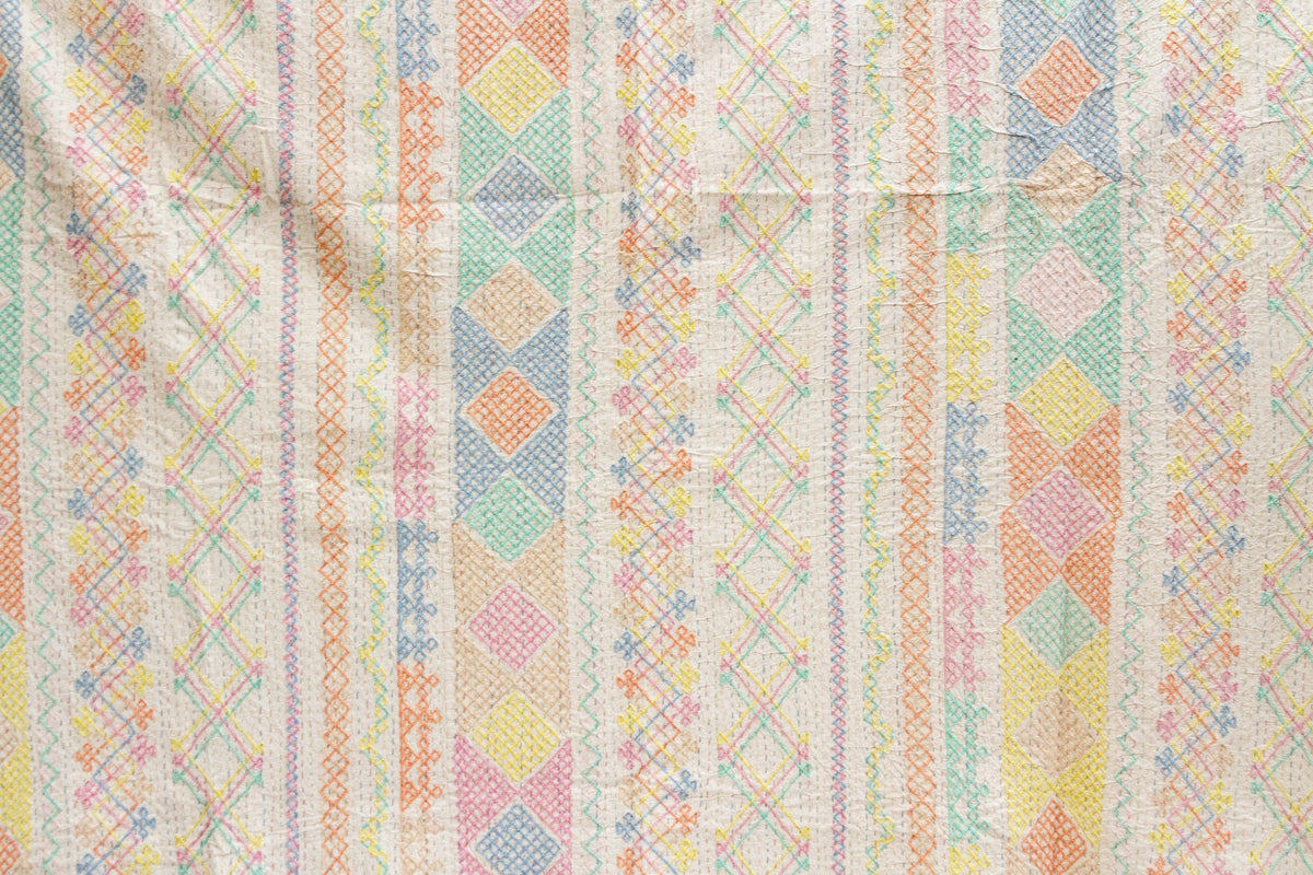 Multicolor Diamond Hand-stitched Cotton Kantha Bedcover