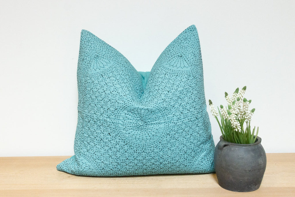 Turquoise Hand-Stitched Pillow Cover