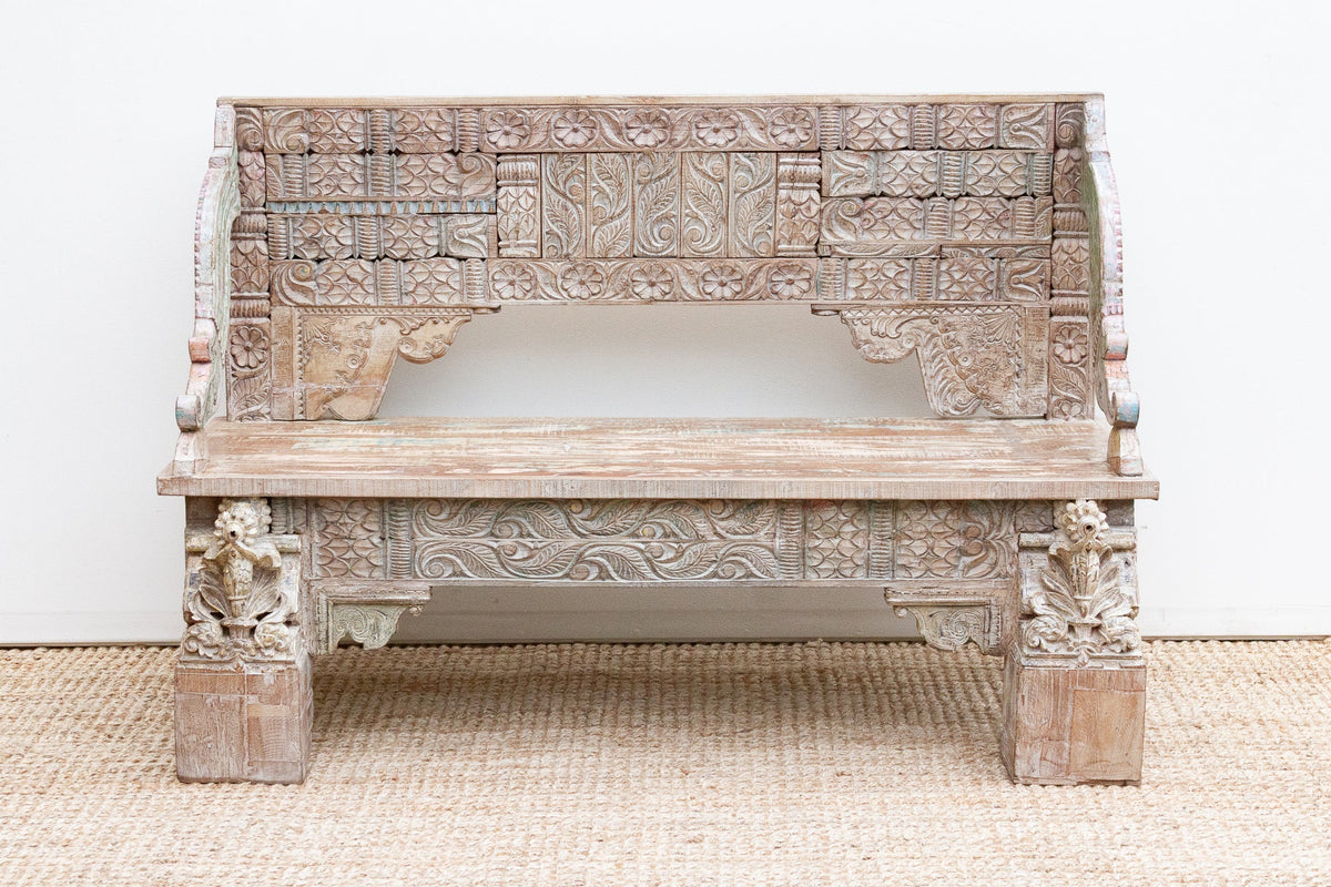 Exquiste Hand-Carved Teak Tribal Settee Bench