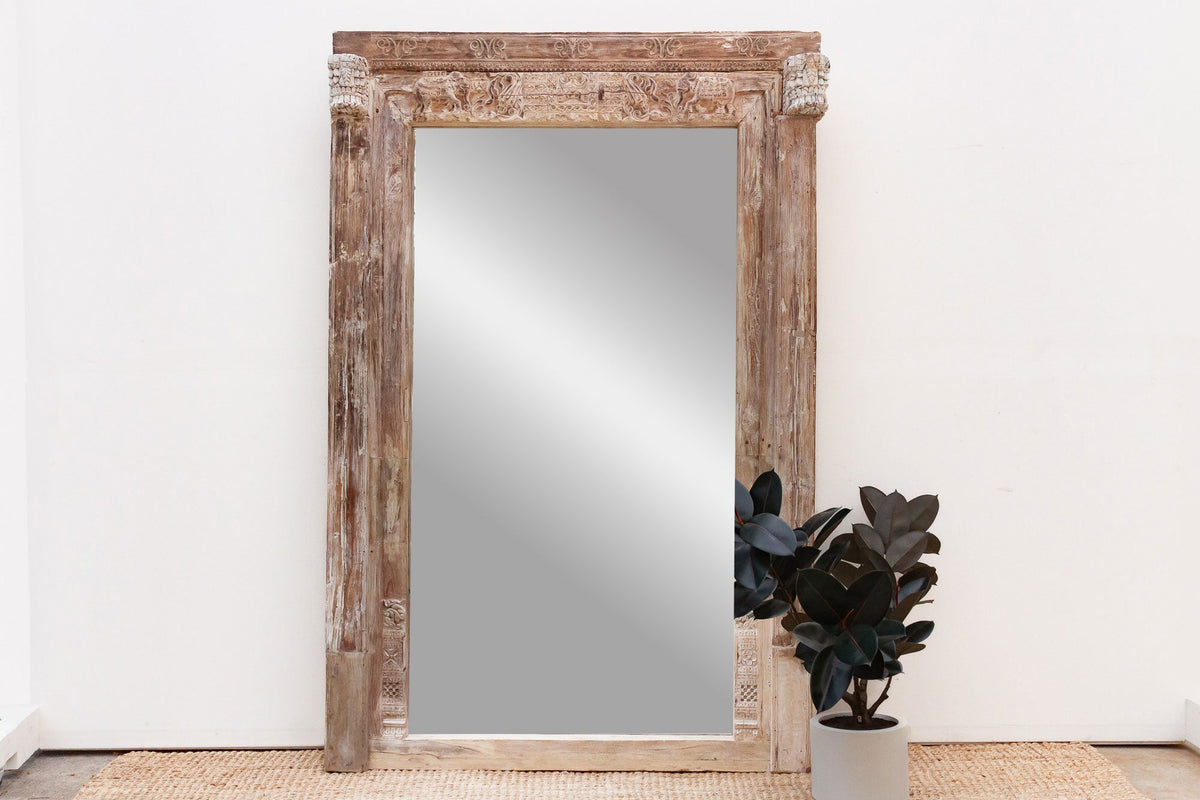 Grand 1800's Indian Door Mirror w/Elephant Carvings