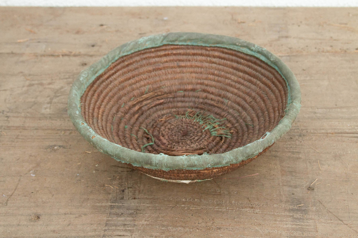 Rustic Coiled Basket with Textile Rim
