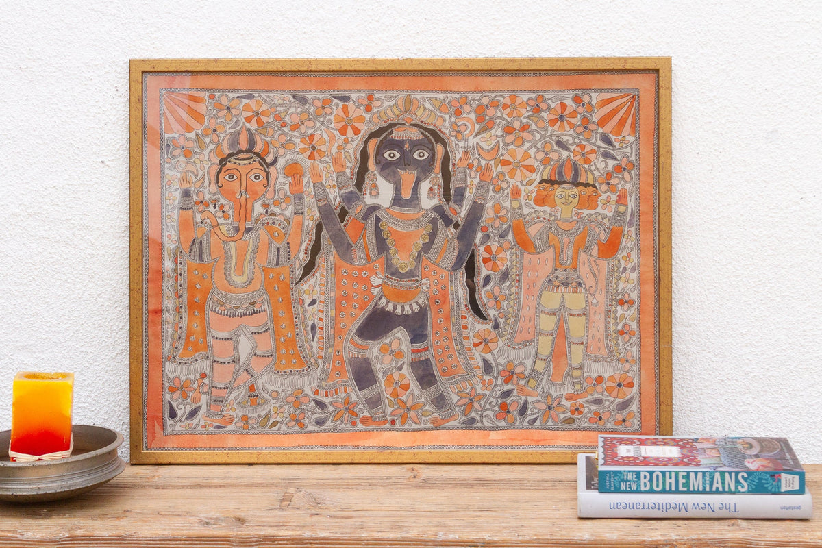 Vintage Framed Indian Madhuban Folk Art