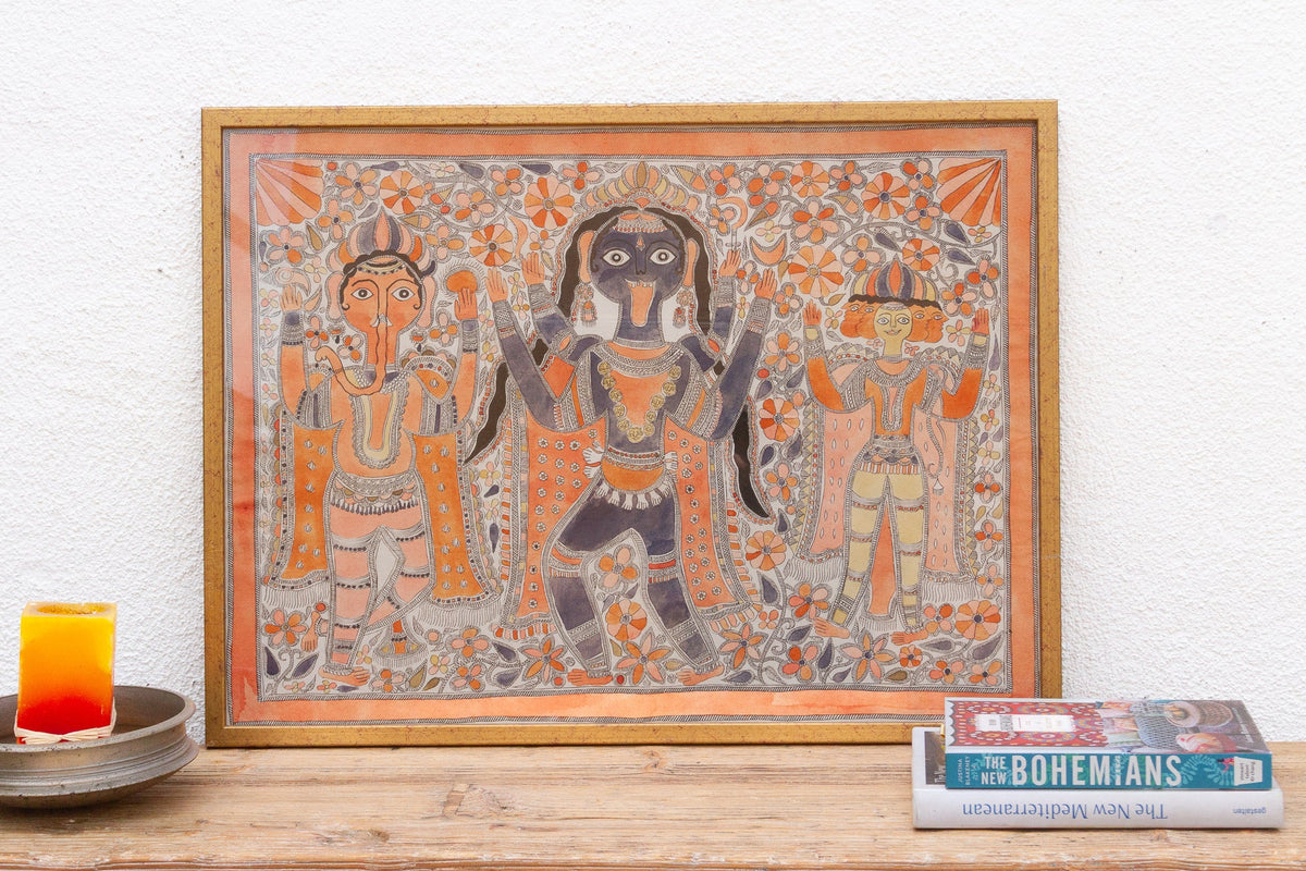 Vintage Framed Indian Madhuban Folk Art
