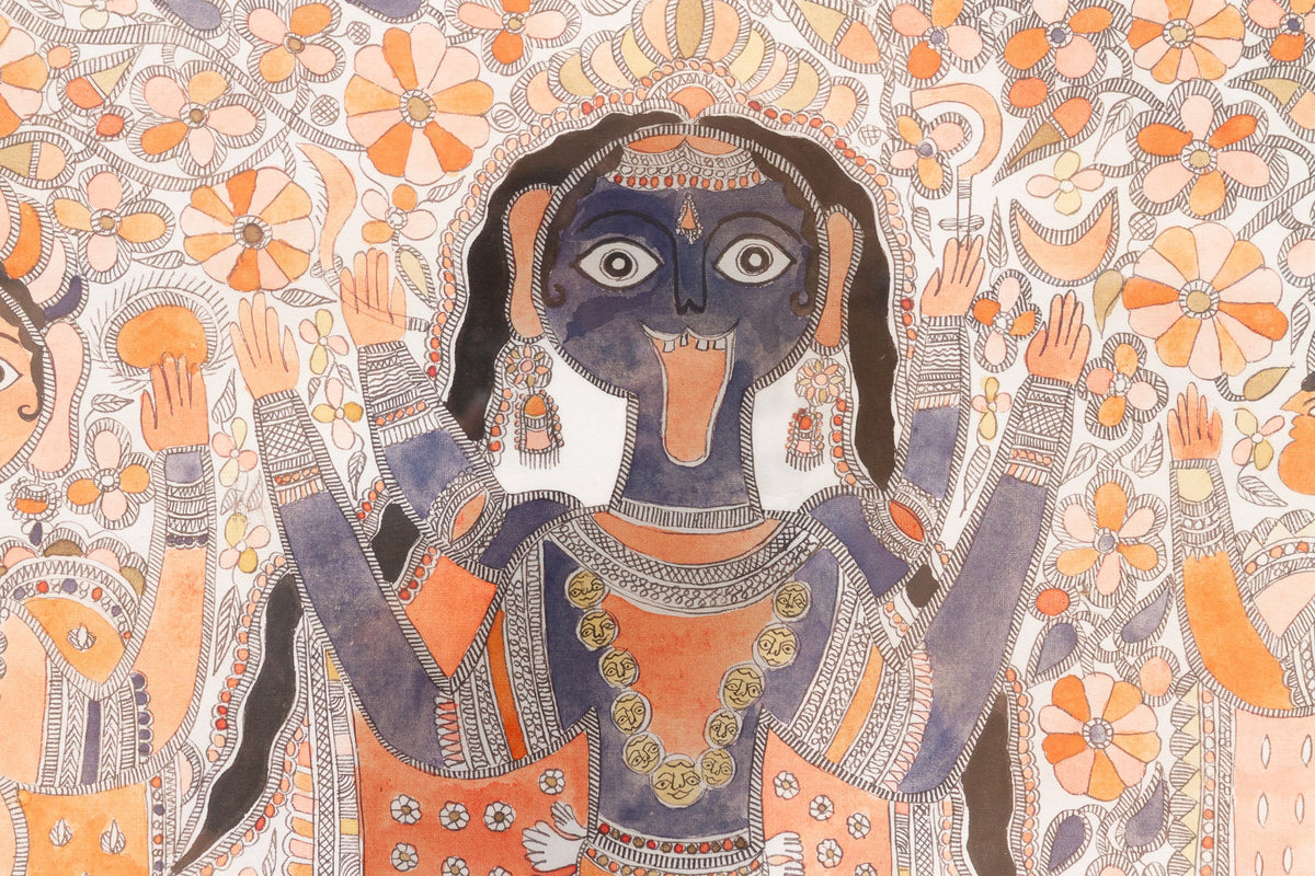 Vintage Framed Indian Madhuban Folk Art