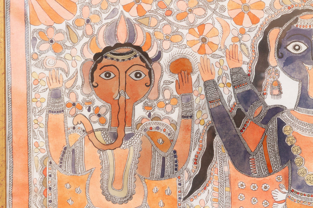 Vintage Framed Indian Madhuban Folk Art