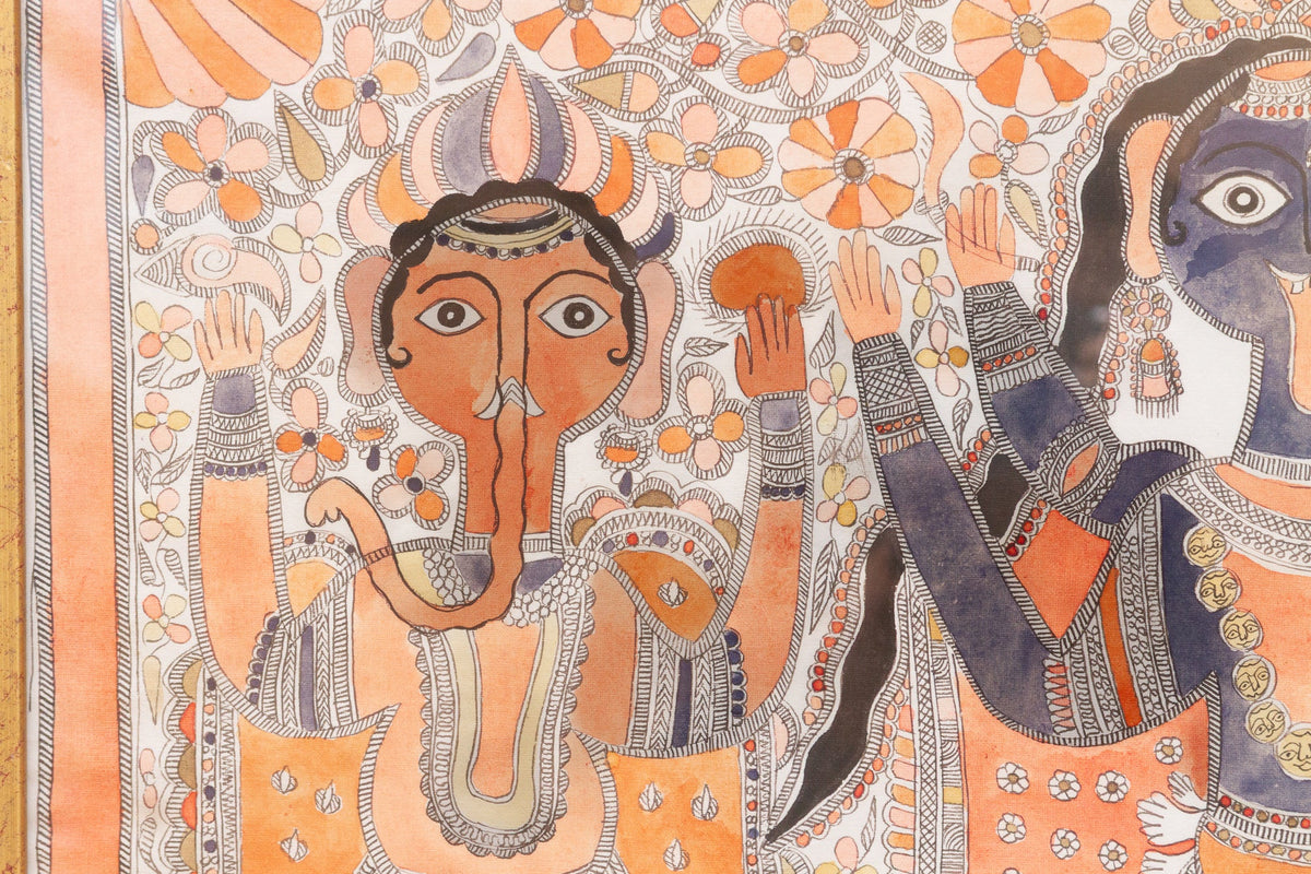 Vintage Framed Indian Madhuban Folk Art