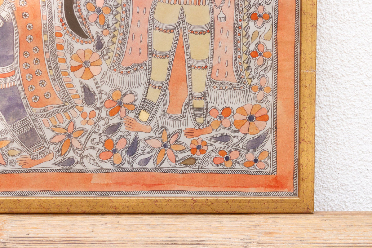 Vintage Framed Indian Madhuban Folk Art