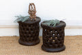 Set of 2, Bamileke Carved Geometric Lattice End Tables