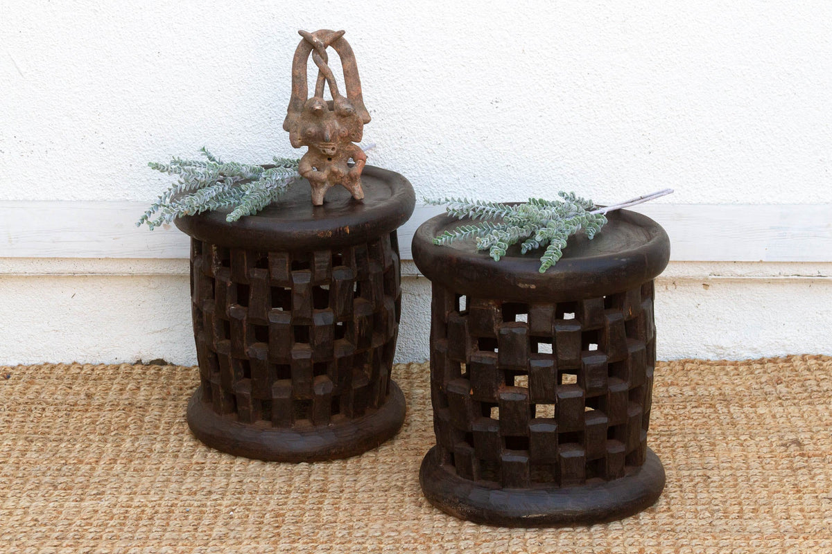 Set of 2, Bamileke Carved Geometric Lattice End Tables