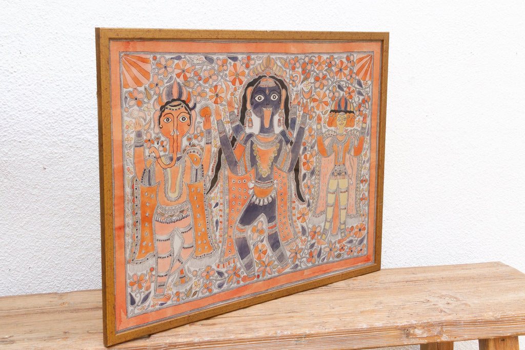Vintage Framed Indian Madhuban Folk Art