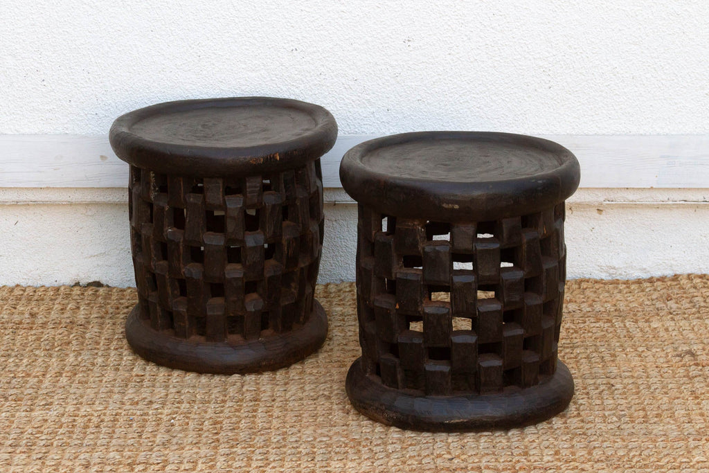 Set of 2, Bamileke Carved Geometric Lattice End Tables