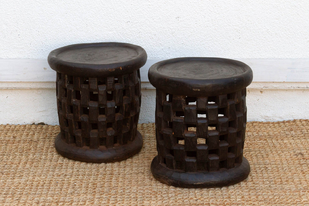 Set of 2, Bamileke Carved Geometric Lattice End Tables
