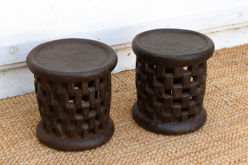 Set of 2, Bamileke Carved Geometric Lattice End Tables