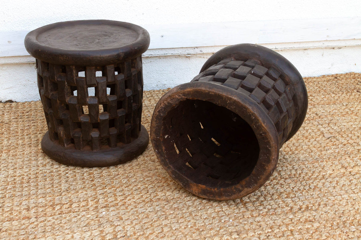 Set of 2, Bamileke Carved Geometric Lattice End Tables