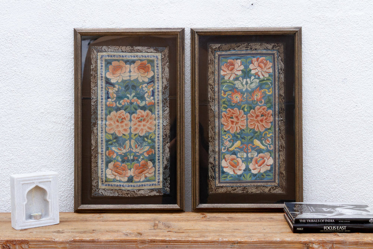 Set of 2, Framed Traditional Floral Silk Panels "Wealth & Longevity"