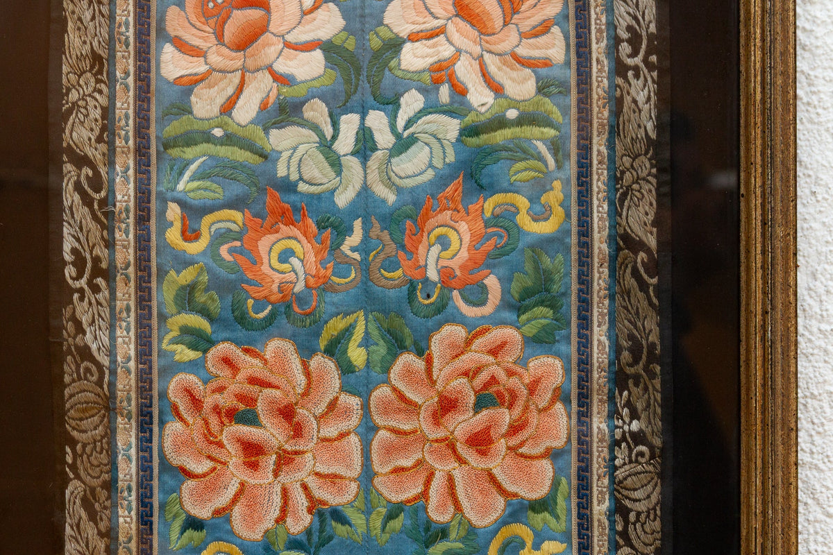 Set of 2, Framed Traditional Floral Silk Panels "Wealth & Longevity"
