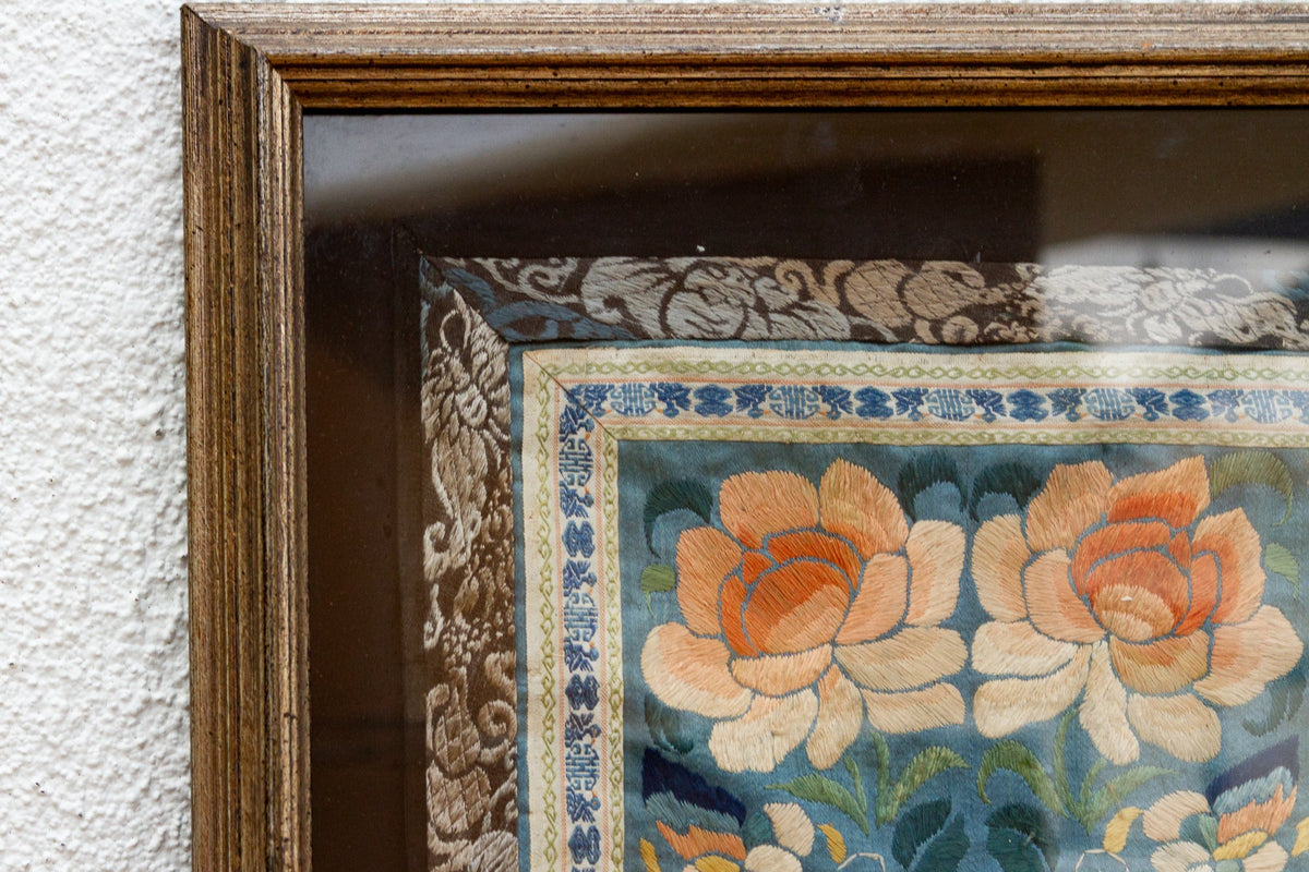 Set of 2, Framed Traditional Floral Silk Panels "Wealth & Longevity"