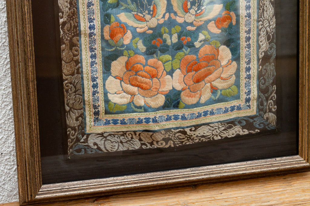 Set of 2, Framed Traditional Floral Silk Panels "Wealth & Longevity"
