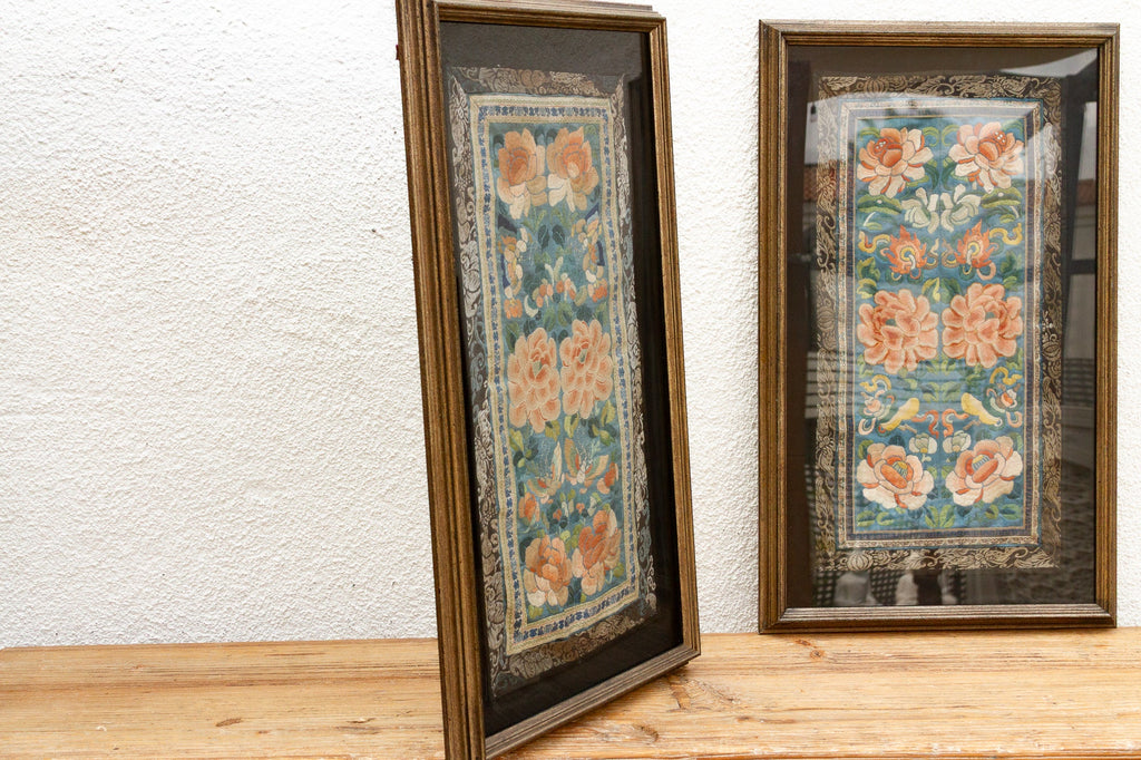 Set of 2, Framed Traditional Floral Silk Panels "Wealth & Longevity"