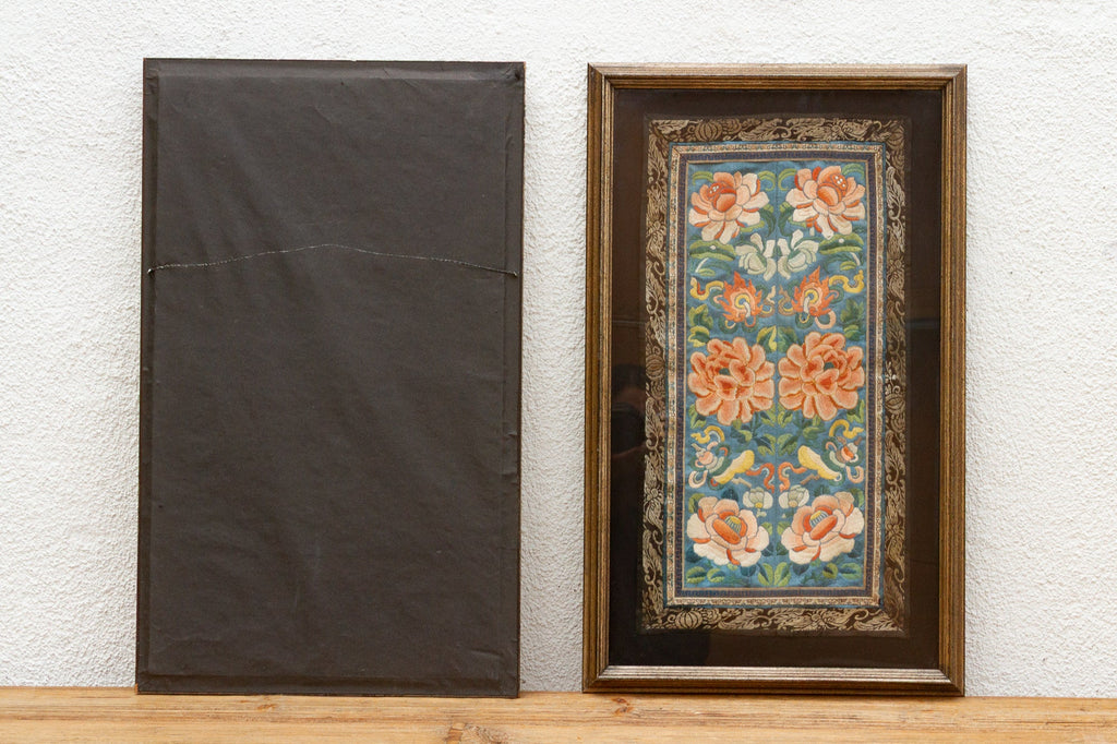 Set of 2, Framed Traditional Floral Silk Panels "Wealth & Longevity"