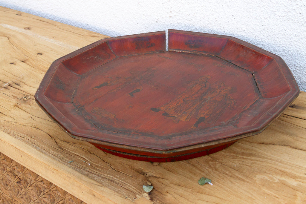 Antique Wooden Platter with Figurative Gilt Scene