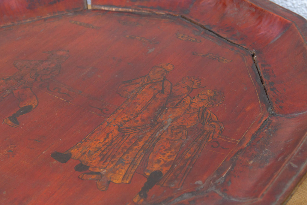 Antique Wooden Platter with Figurative Gilt Scene
