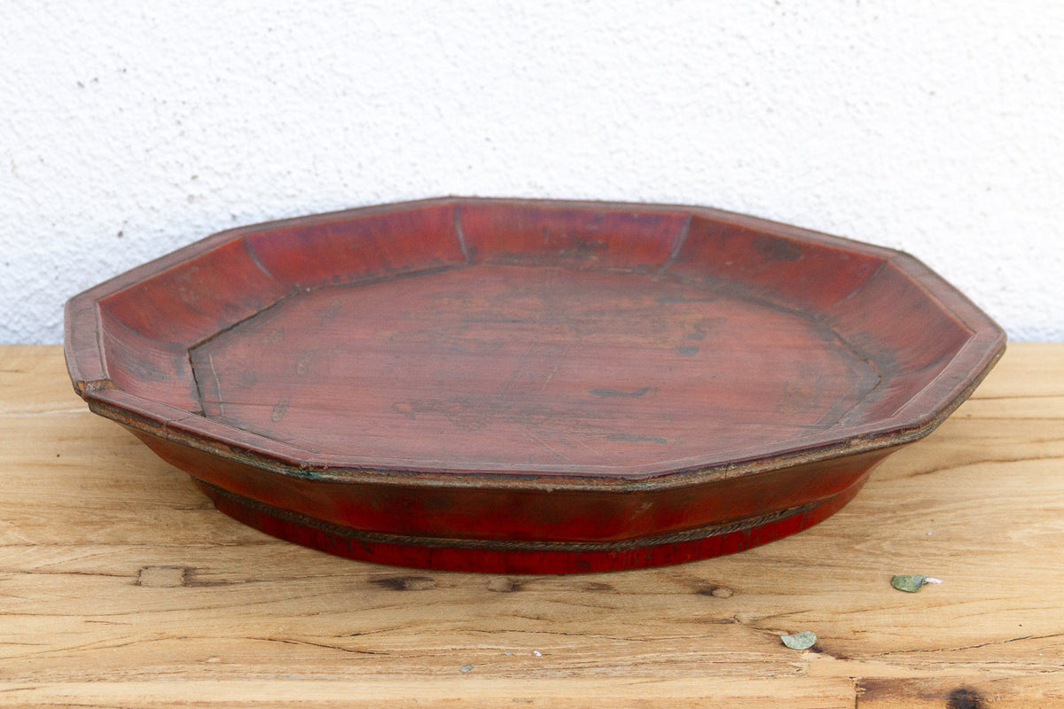 Antique Wooden Platter with Figurative Gilt Scene