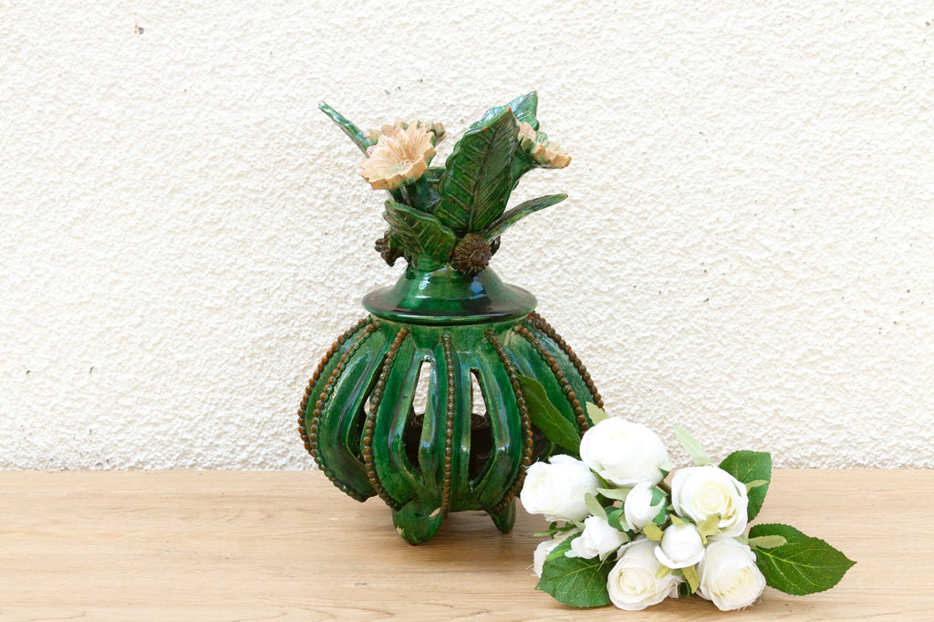 Vintage Green Glaze Michoacán Floral Jar