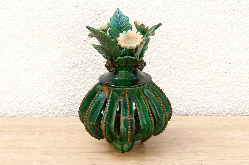 Vintage Green Glaze Michoacán Floral Jar
