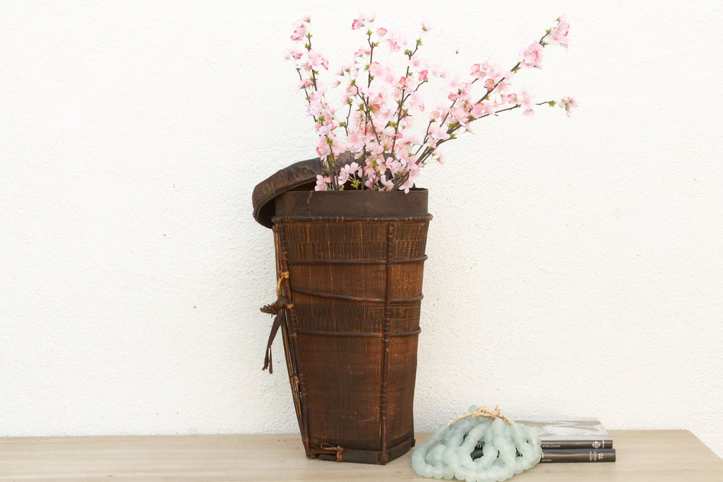 Antique Tall Cylindrical Basket with Fitted Lid