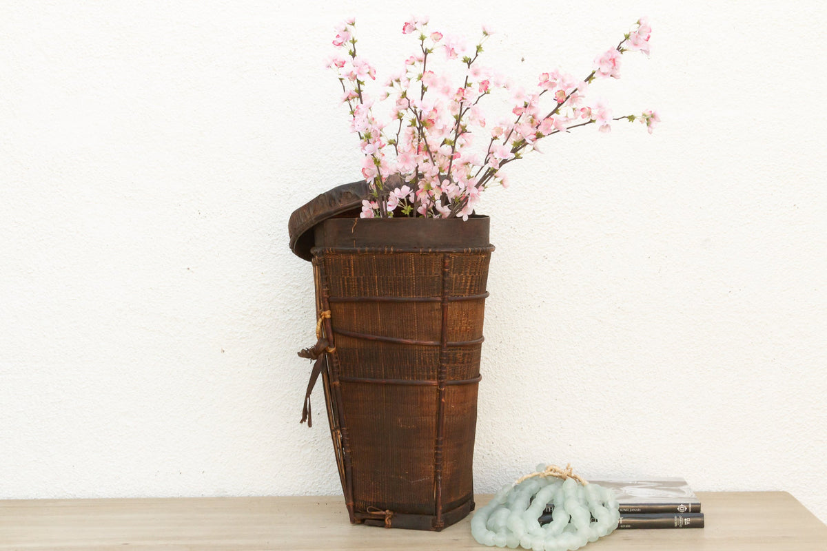 Antique Tall Cylindrical Basket with Fitted Lid