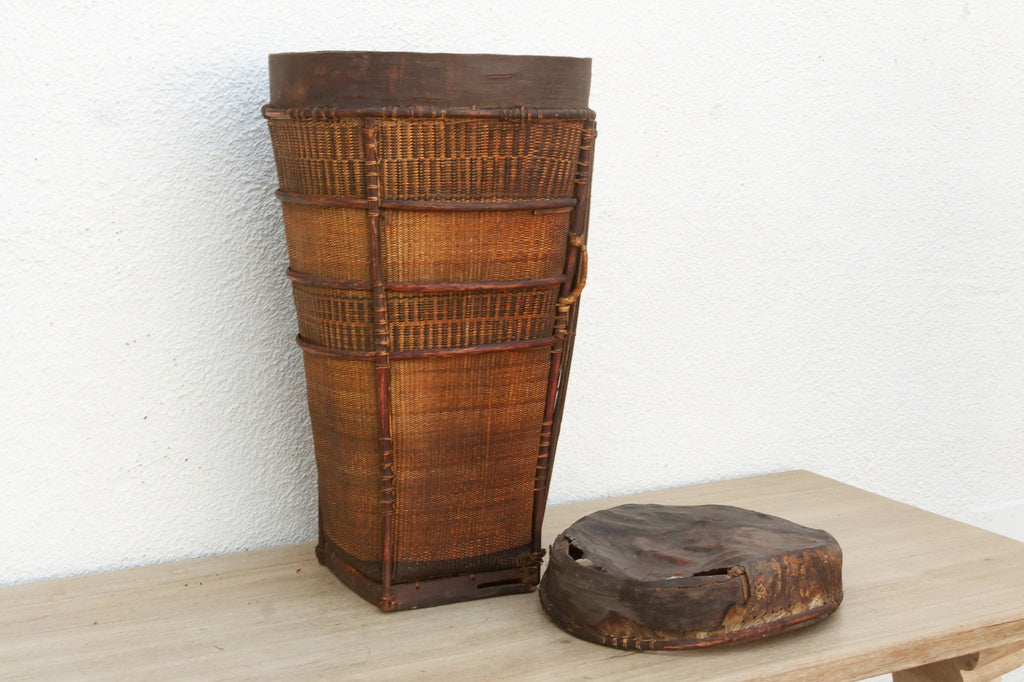 Antique Tall Cylindrical Basket with Fitted Lid