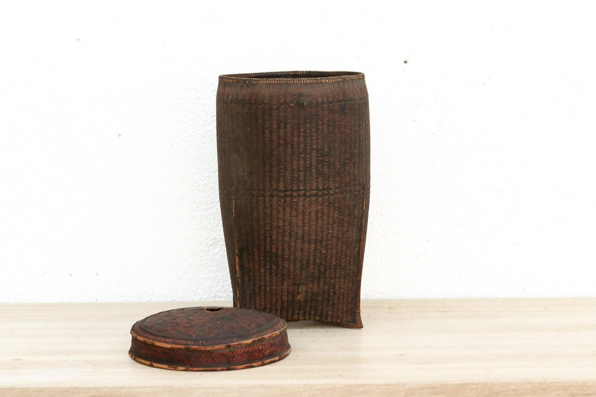 Dark Patinated Brown Woven Basket w/Lid