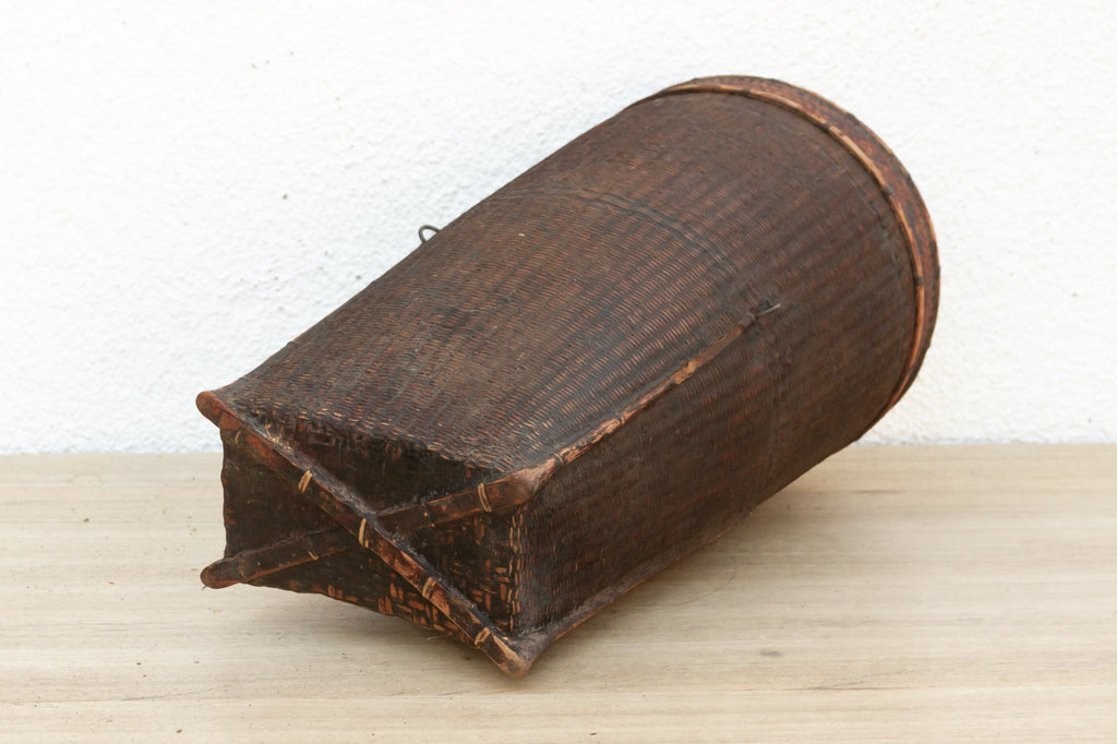 Dark Patinated Brown Woven Basket w/Lid