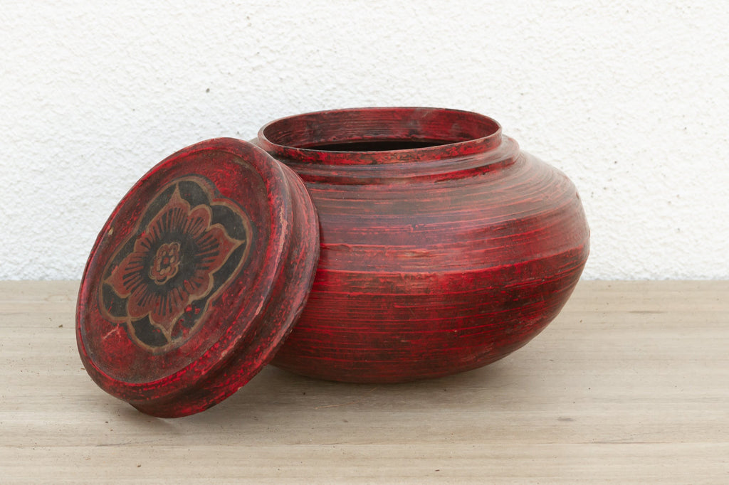 Antique Red Floral Burmese Vessel