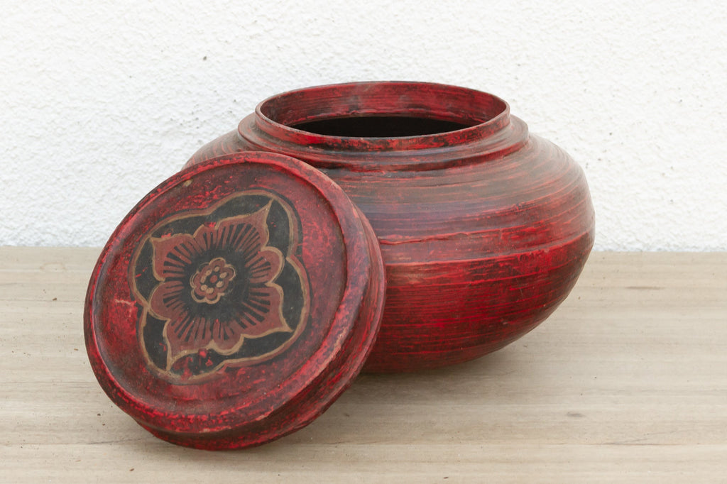Antique Red Floral Burmese Vessel