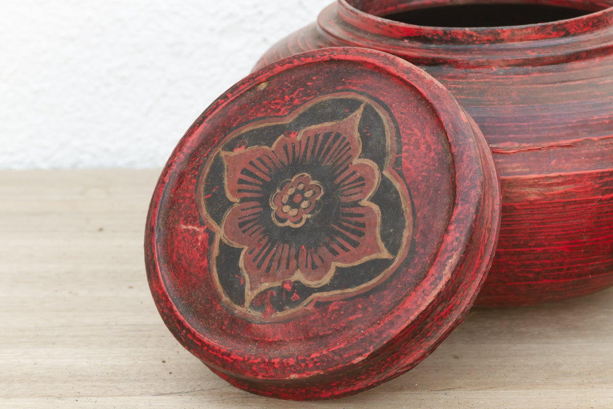 Antique Red Floral Burmese Vessel