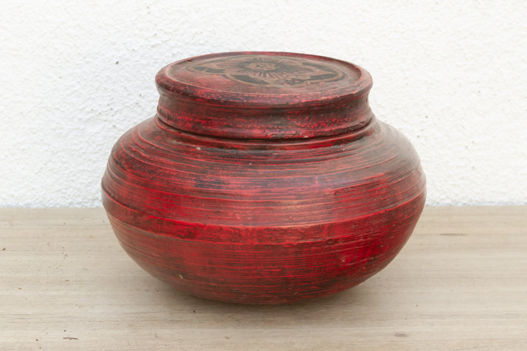 Antique Red Floral Burmese Vessel