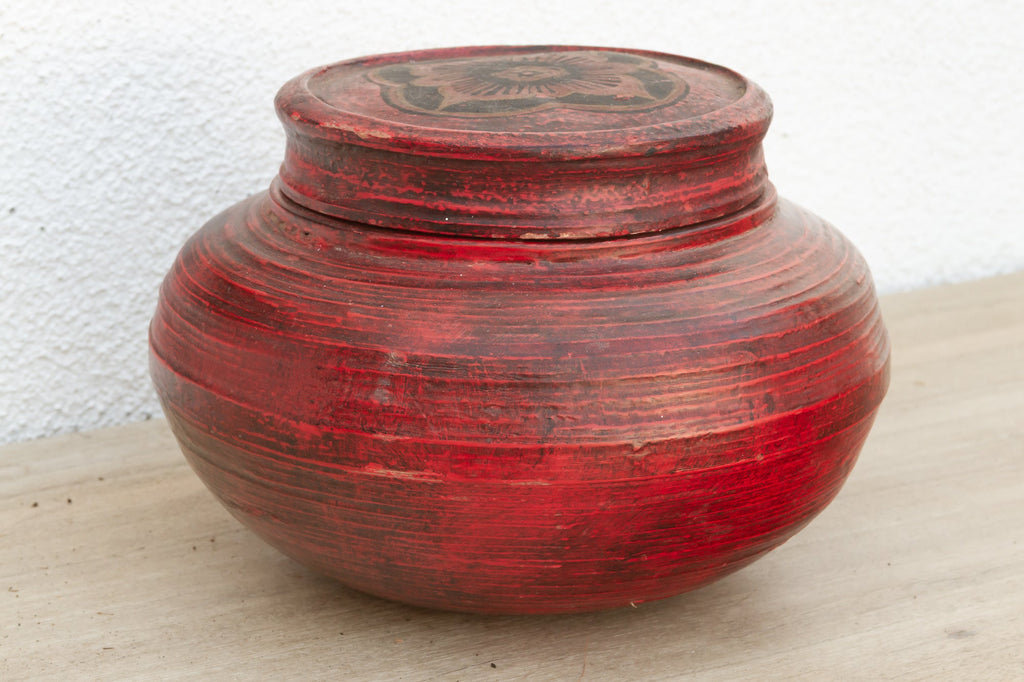 Antique Red Floral Burmese Vessel